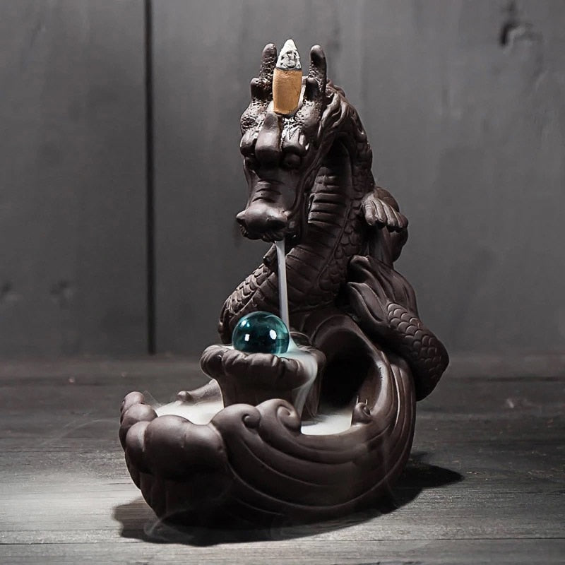 Ceramic Backflow Incense Burner Creative Home Decor Dragon Incense Holder Censer With Crystal Ball + 20Pcs Incense Cones
