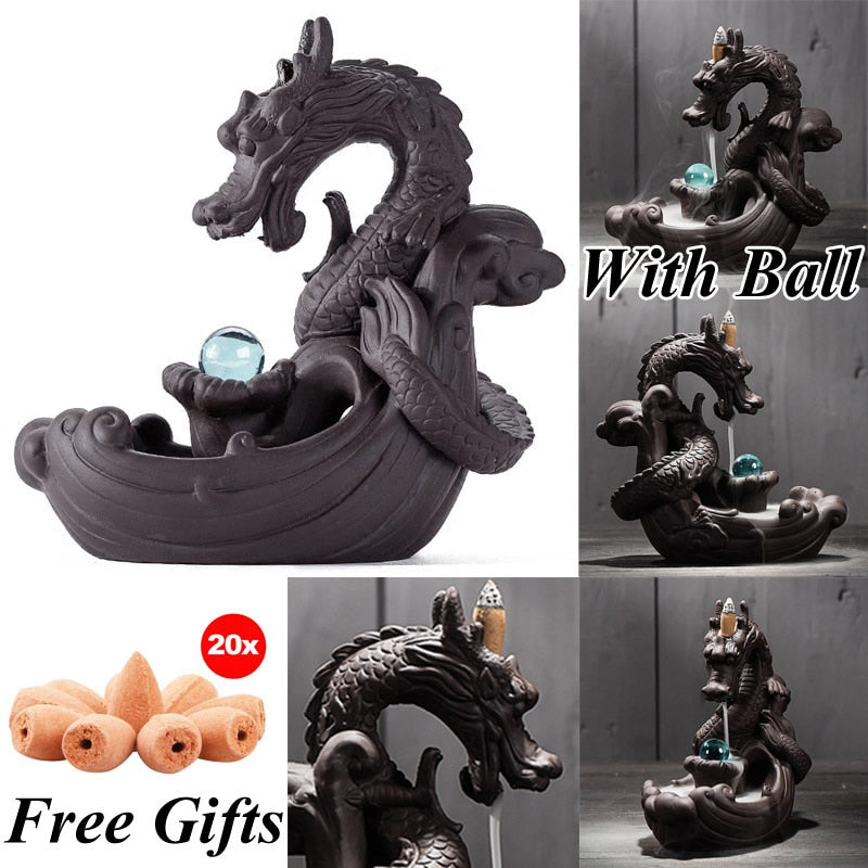 Ceramic Backflow Incense Burner Creative Home Decor Dragon Incense Holder Censer With Crystal Ball + 20Pcs Incense Cones