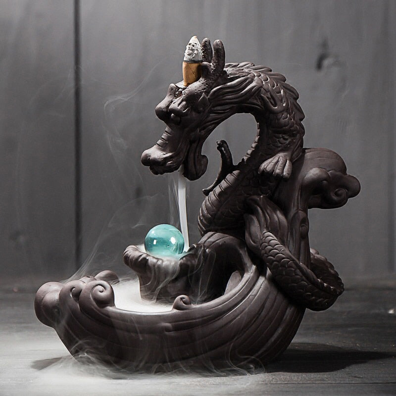 Ceramic Backflow Incense Burner Creative Home Decor Dragon Incense Holder Censer With Crystal Ball + 20Pcs Incense Cones