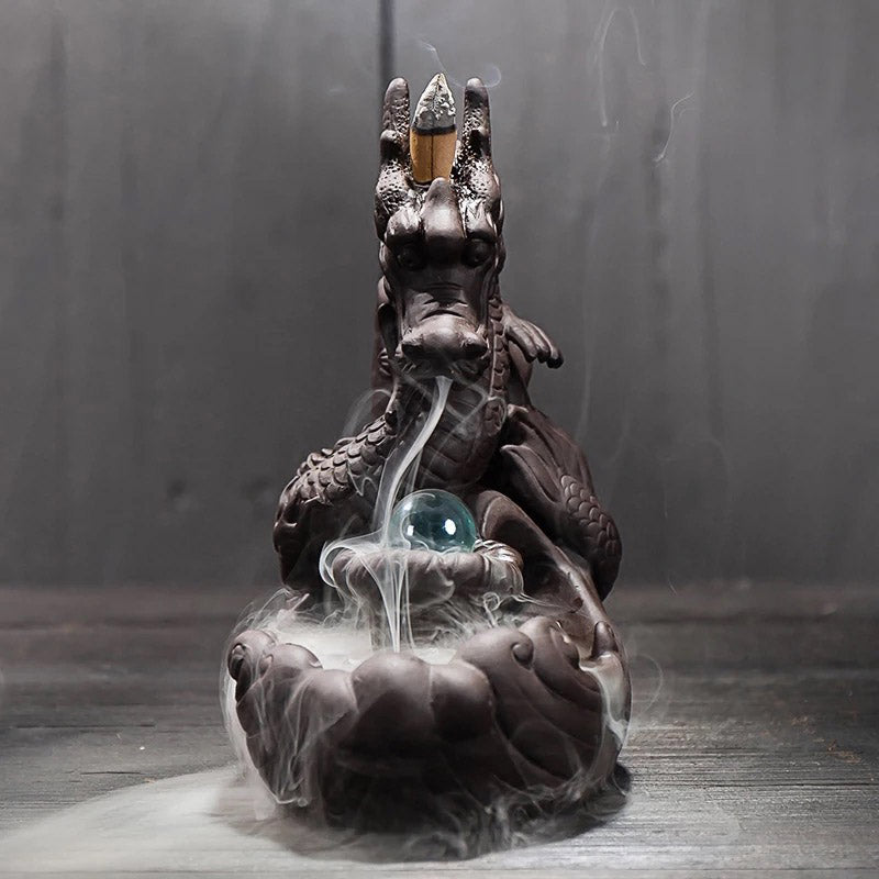 Ceramic Backflow Incense Burner Creative Home Decor Dragon Incense Holder Censer With Crystal Ball + 20Pcs Incense Cones