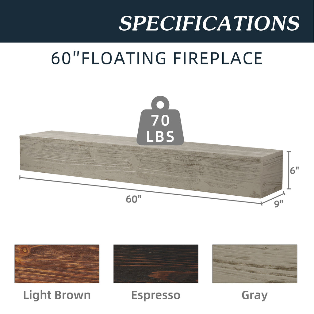 60" Rustic Wood Fireplace Mantel,Wall-Mounted & Floating Shelf for Home Decor grey